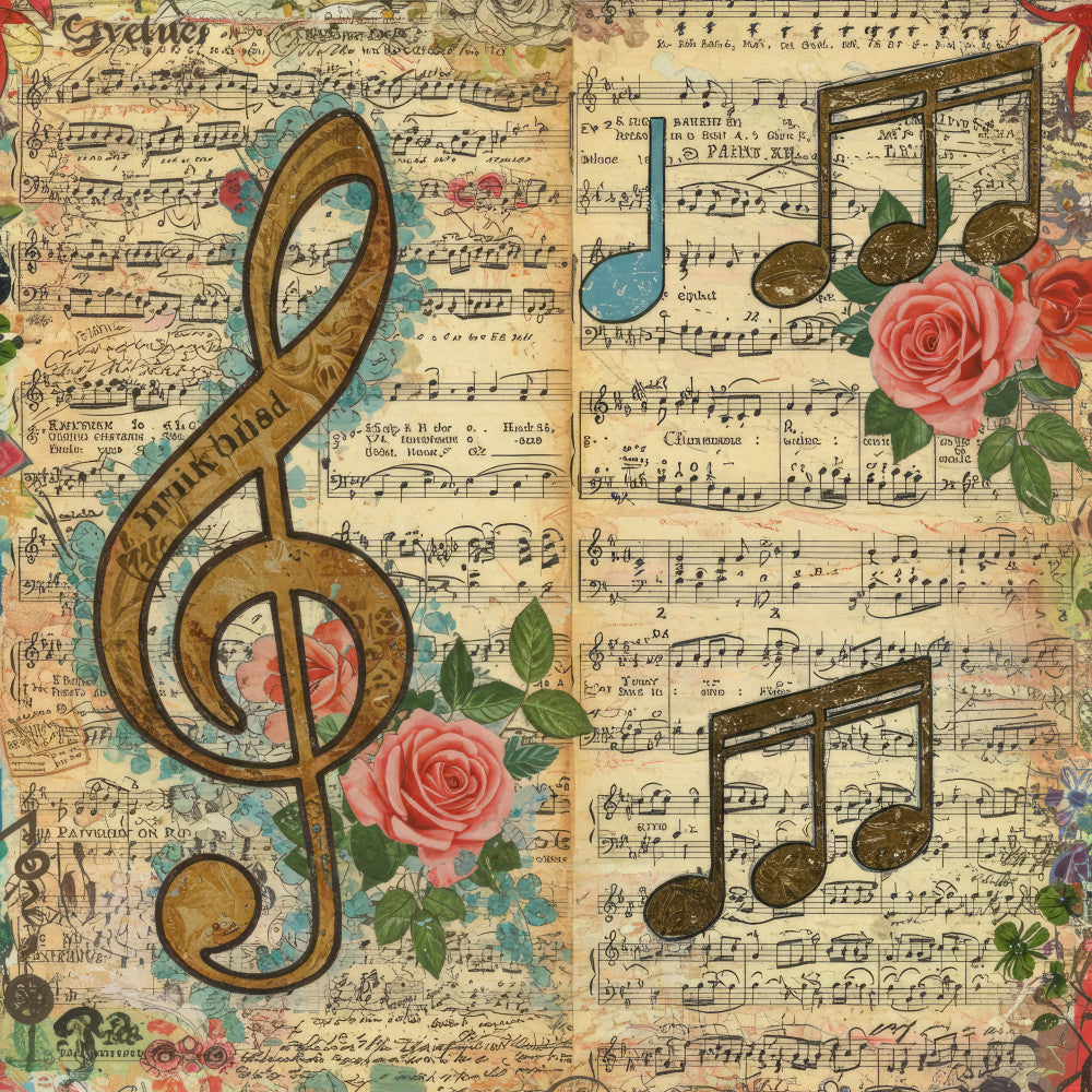 vintage music, sheet music, treble clef, musical notes, roses, pink roses, coral pink, cream, tan, blue accents, turquoise, gold, brown, floral, botanical, vintage floral, classic, elegant, romantic, victorian, retro, nostalgic, music themed, artistic, decorative, nature inspired, cottage core, timeless, traditional, antique