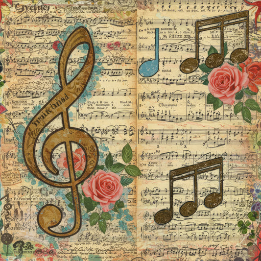 vintage music, sheet music, treble clef, musical notes, roses, pink roses, coral pink, cream, tan, blue accents, turquoise, gold, brown, floral, botanical, vintage floral, classic, elegant, romantic, victorian, retro, nostalgic, music themed, artistic, decorative, nature inspired, cottage core, timeless, traditional, antique