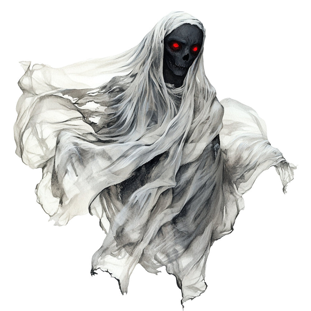 ghost, skeleton, skull, spooky, halloween, dark gray, charcoal, white, cream, off-white, red eyes, glowing eyes, supernatural, creepy, sinister, haunted, undead, grim reaper, death, macabre, gothic, dark fantasy, horror, eerie, spooky season, autumn, halloween costume, paranormal, spectral, wraith