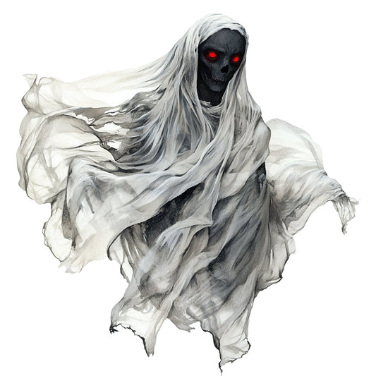 ghost, skeleton, skull, spooky, halloween, dark gray, charcoal, white, cream, off-white, red eyes, glowing eyes, supernatural, creepy, sinister, haunted, undead, grim reaper, death, macabre, gothic, dark fantasy, horror, eerie, spooky season, autumn, halloween costume, paranormal, spectral, wraith