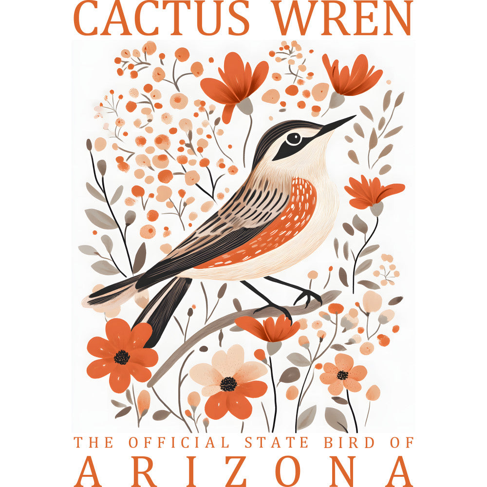 cactus wren, state bird, arizona, orange flowers, botanical illustration, bird art, coral red, cream background, nature design, floral motif, desert bird, fabric panel, quilting cotton, southwestern theme, wildlife art, ornamental flowers, earth tones, decorative panel, spring colors, folk art style