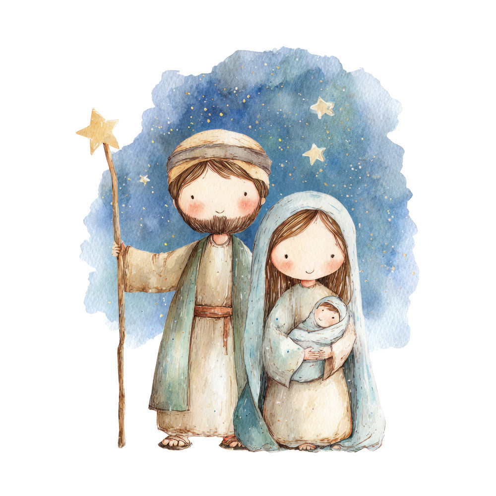 nativity, holy family, religious, christmas, celestial, starry night, gold stars, soft blue, cream, sage green, soft green, beige, whimsical, gentle, peaceful, spiritual, baby, infant, mother and child, joseph and mary, jesus, nativity scene, holiday, winter, manger, traditional, sweet, tender, nursery, children's