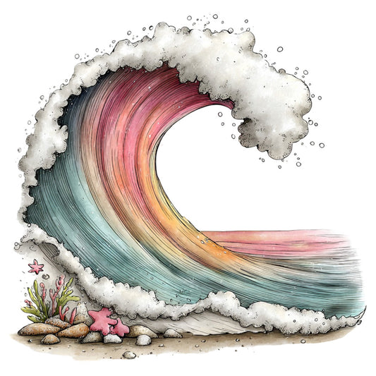 ocean wave, coastal, nautical, turquoise, coral pink, peachy orange, soft yellow, teal blue, gradient, ombre, watercolor, whimsical, fantasy, beach theme, seashore, starfish, sea creatures, rocks, sand, seaweed, bubbles, foam, tide pool, summer, coastal living, artistic, dreamy, illustration style, decorative panel, wall hanging
