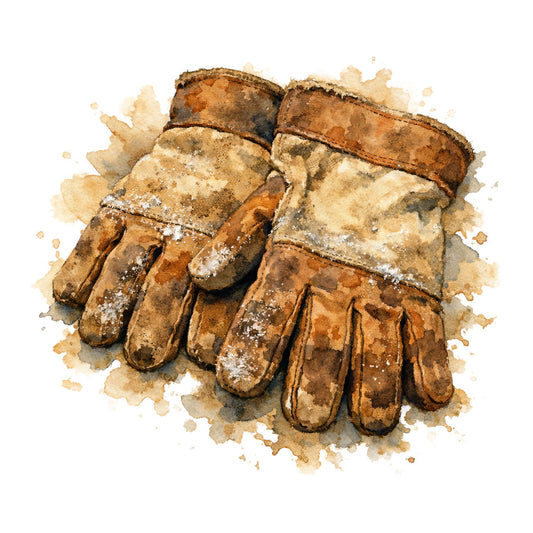 work gloves, leather gloves, winter gloves, brown leather, tan leather, rust brown, cream, beige, weathered, distressed, textured, rustic, vintage, workwear, labor, hands, utility, industrial, farmhouse, masculine, rugged, outdoor work, gardening gloves, construction, worn, aged patina, watercolor art style