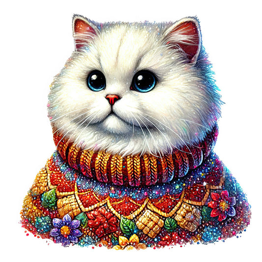 white cat, blue eyes, jeweled sweater, embellished design, whimsical, fantasy, colorful, gold accents, red jewels, turquoise, purple, sparkly, ornate, decorative, animal theme, cat lover, magical, festive, holiday, baroque, jewel tones, multicolor, beaded effect, feline, pet theme, charming, playful, artistic, embroidery inspired