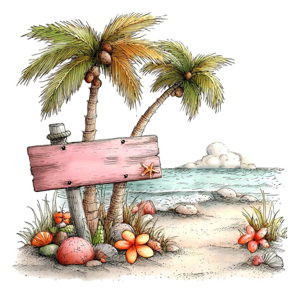 tropical beach scene, palm trees, coastal, nautical, beach sign, ocean, sand, seashells, starfish, whimsical, illustration, storybook, children's, coastal decor, summer, vacation, sandy beach, turquoise water, coral pink, dusty rose, tan, cream, sage green, golden yellow, ocean blue, decorative panel, wall hanging, children's quilt, nursery, adventure theme