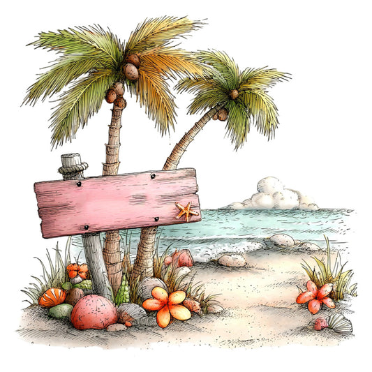 tropical beach scene, palm trees, coastal, nautical, beach sign, ocean, sand, seashells, starfish, whimsical, illustration, storybook, children's, coastal decor, summer, vacation, sandy beach, turquoise water, coral pink, dusty rose, tan, cream, sage green, golden yellow, ocean blue, decorative panel, wall hanging, children's quilt, nursery, adventure theme