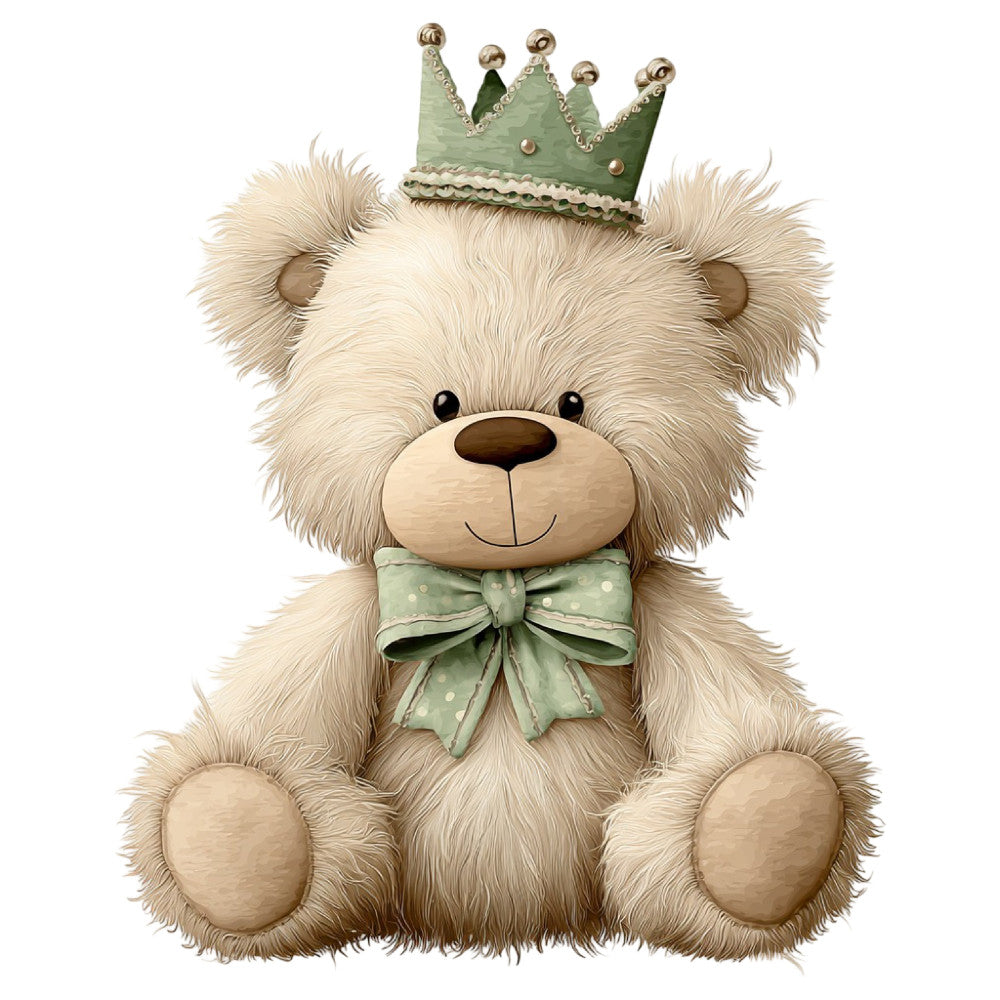 cream teddy bear, sage green, soft green, mint green, polka dot bow, cute animals, nursery, baby shower, children's theme, whimsical, playful, adorable, royal crown, prince theme, princess theme, storybook, fairy tale, soft and cuddly, gender neutral, baby quilt, crib bedding, wall hanging, kids decor, gentle colors, pastel green, ivory, beige, smiling face, cheerful, sweet character