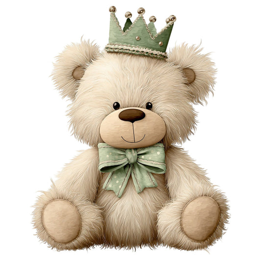 cream teddy bear, sage green, soft green, mint green, polka dot bow, cute animals, nursery, baby shower, children's theme, whimsical, playful, adorable, royal crown, prince theme, princess theme, storybook, fairy tale, soft and cuddly, gender neutral, baby quilt, crib bedding, wall hanging, kids decor, gentle colors, pastel green, ivory, beige, smiling face, cheerful, sweet character