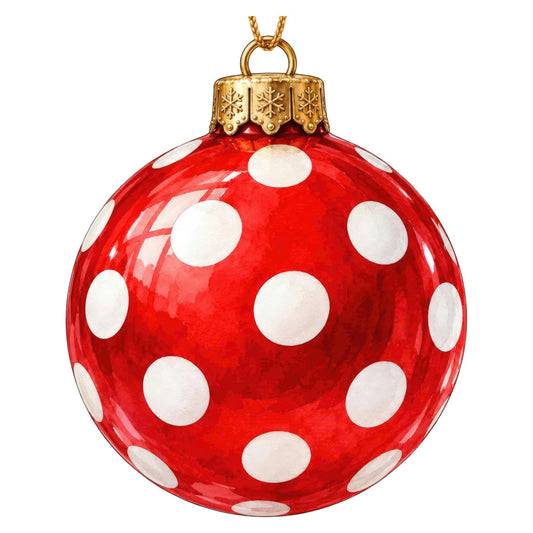 red, white, polka dots, christmas, holiday, festive, whimsical, retro, vintage, cute, playful, ornament, ball ornament, spotted, geometric, cheerful, nostalgic, traditional, decorative, seasonal, winter, metallic gold, classic, charming, children's, fun, bright red, bold