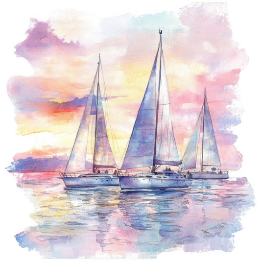 sailboat, nautical, watercolor, sunset, pastel pink, lavender, soft blue, cream, yellow, watercolor painting, sailing, ocean, seascape, coastal, dreamy, whimsical, artistic, elegant, romantic, soft colors, twilight, peaceful, scenic, impressionist, abstract watercolor, boats, maritime, harbor, tranquil, home decor