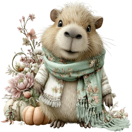 cute guinea pig, woodland animals, sage green, cream, dusty rose, soft pink, peach, floral, botanical, whimsical, vintage, farmhouse, autumn, pumpkin, flowers, nature themed, animal characters, cottage core, children's, nursery, storybook illustration, gentle animals, rustic charm, pastoral, seasonal, fall harvest, sweet animals, detailed illustration, fabric panel