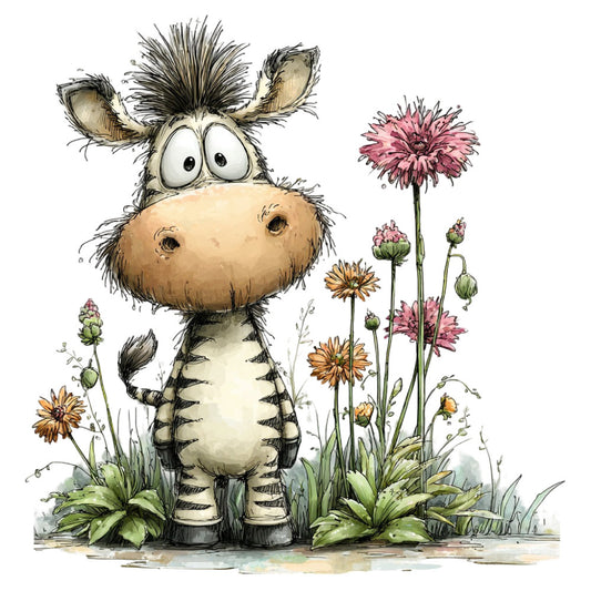 whimsical zebra, adorable animals, children's illustration, cute character, pink flowers, orange daisies, cream colored, tan, black stripes, sage green, nature themed, woodland, playful, charming, naive art style, storybook, nursery decor, baby quilt, wall hanging, spring flowers, summer garden, gerbera daisies, botanical elements, grass, buds, innocent, endearing, gentle, soft watercolor style
