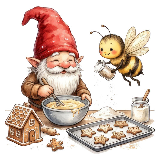 gnome, holiday, christmas, winter, whimsical, fairy tale, gingerbread house, bee, honey, baking, kitchen, festive, red, cream, brown, tan, gold, cheerful, vintage, folk art, storybook, magical, cottage core, seasonal, gingerbread cookies, cozy, traditional, dessert, baking theme, garden gnome