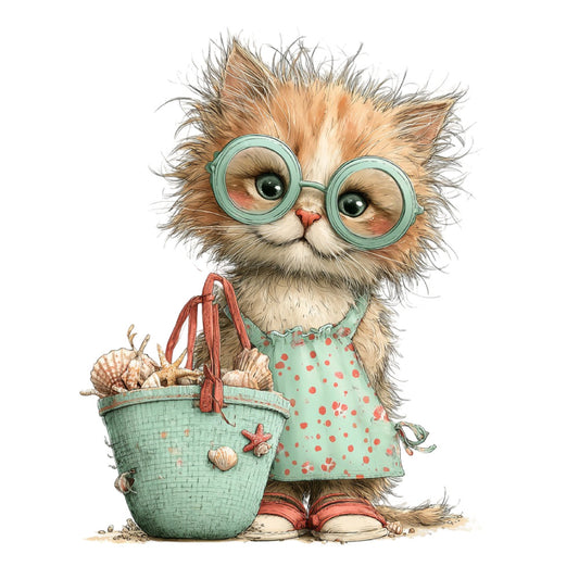 cute cat, fluffy cat, whimsical cat, cat wearing glasses, turquoise glasses, mint green, coral pink, peach, tan, cream, dotted pattern, polka dots, beach theme, nautical, seashells, starfish, cat illustration, children's design, playful, charming, adorable, summer, coastal, seaside, character fabric, storybook, whimsy, animal motif, girl's fabric, kids design