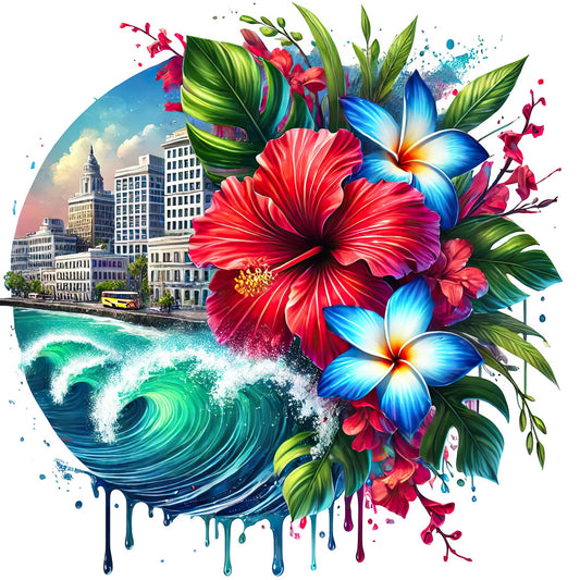 tropical floral, vibrant hibiscus, blue plumeria, red flowers, coastal cityscape, turquoise ocean waves, splatter art, watercolor style, bohemian, modern art, nature theme, botanical, bright colors, coral pink, deep blue, emerald green, yellow gold, purple accents, impressionist, artistic, whimsical, urban landscape, seaside, island vibes, summer theme, wall art, statement fabric, mixed media, splatter design, colorful blooms