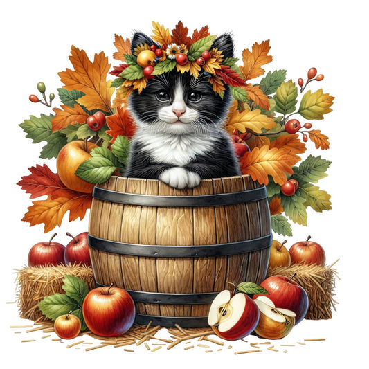 black and white cat, autumn leaves, fall harvest, wooden barrel, apples, red apples, golden yellow, burnt orange, forest green, cream white, rustic, farmhouse, whimsical, festive, autumn florals, daisies, berries, hay straw, nature themed, seasonal, harvest theme, animals, cat portrait, fall colors, warm tones, countryside, traditional, decorative panel, autumn harvest scene