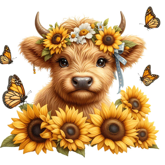 Sunflower Highland Cows Fabric Panel 18 featuring a cute cow with sunflowers and butterflies on premium quilting cotton.