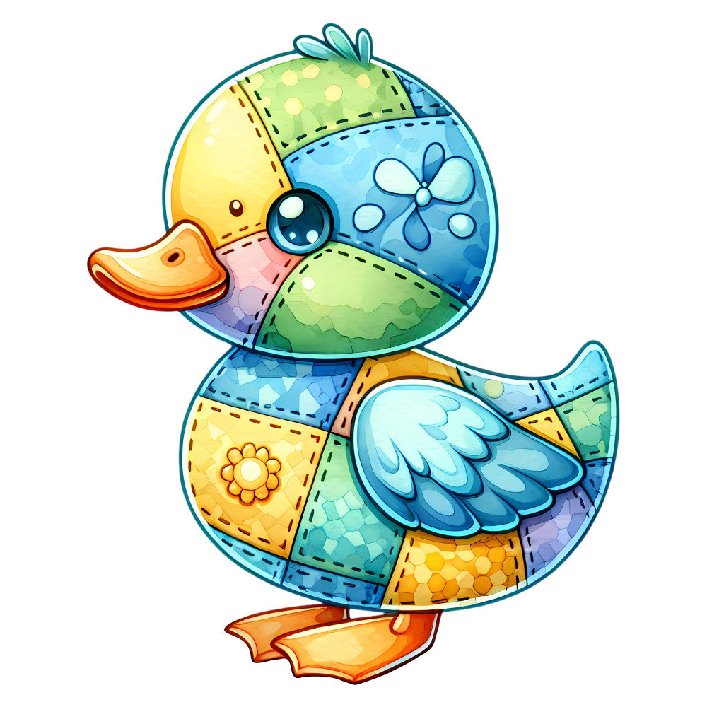 whimsical duck, multicolor, bright yellow, sky blue, soft green, coral orange, patchwork, quilted, animal, waterfowl, spring, baby, playful, cheerful, colorful blocks, cute, children, nursery, appliqué, flower motif, geometric patches, pastel, bold colors, decorative, wall hanging, baby quilt, contemporary, folk art style, charming