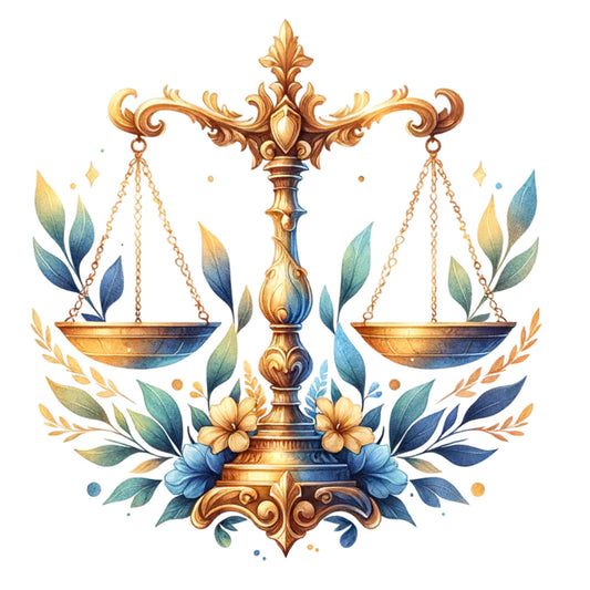 scales of justice, libra, legal theme, gold ornamental, teal blue, sage green, golden yellow, cream, floral, botanical, leaves, ornate, elegant, traditional, vintage, decorative, symmetrical, justice symbol, law office, professional, formal, balance theme, laurel wreath, flowers, classic, ornamental design, sophisticated, timeless