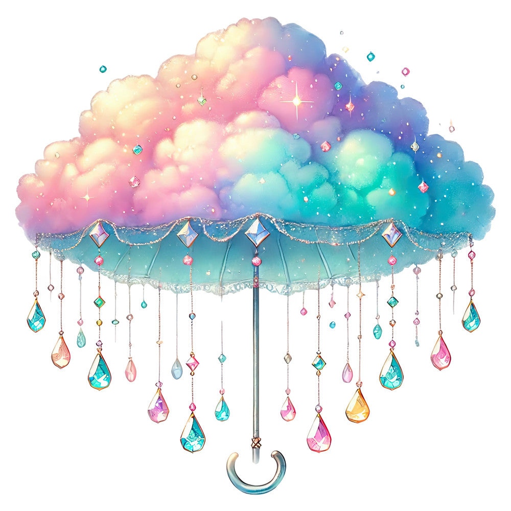 pastel pink, soft blue, turquoise, lavender, rainbow gradient, cloud pattern, whimsical, celestial, magical, dreamy, gemstone, crystal, rain drops, umbrella, star, sparkle, iridescent, fantasy, enchanted, children's, baby, nursery, wall art, modern, feminine, ombre effect, jewel tones, decorative, illustration style