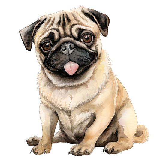 Watercolor Pug Fabric Panel 21 featuring a detailed, hand-painted pug illustration on premium quilting cotton fabric.