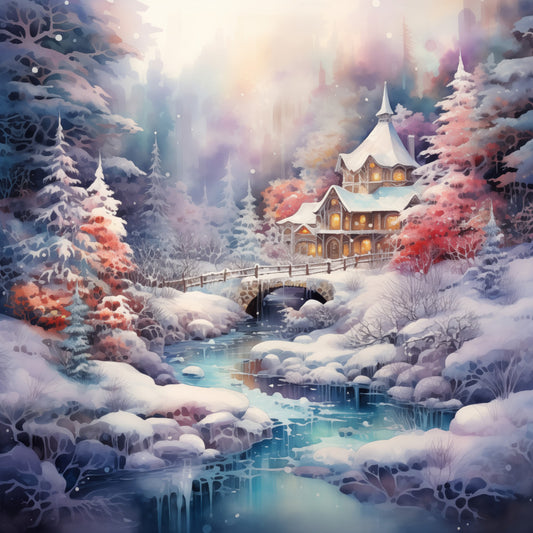 winter village, snowy landscape, christmas, holiday, festive, enchanted forest, fairy tale, storybook, castle, church, bridge, stream, frost, crystalline, pastel colors, dusty rose, soft pink, blush pink, powder blue, lavender, ivory, cream, soft purple, watercolor style, whimsical, magical, dreamy, scenic, peaceful, nature scene