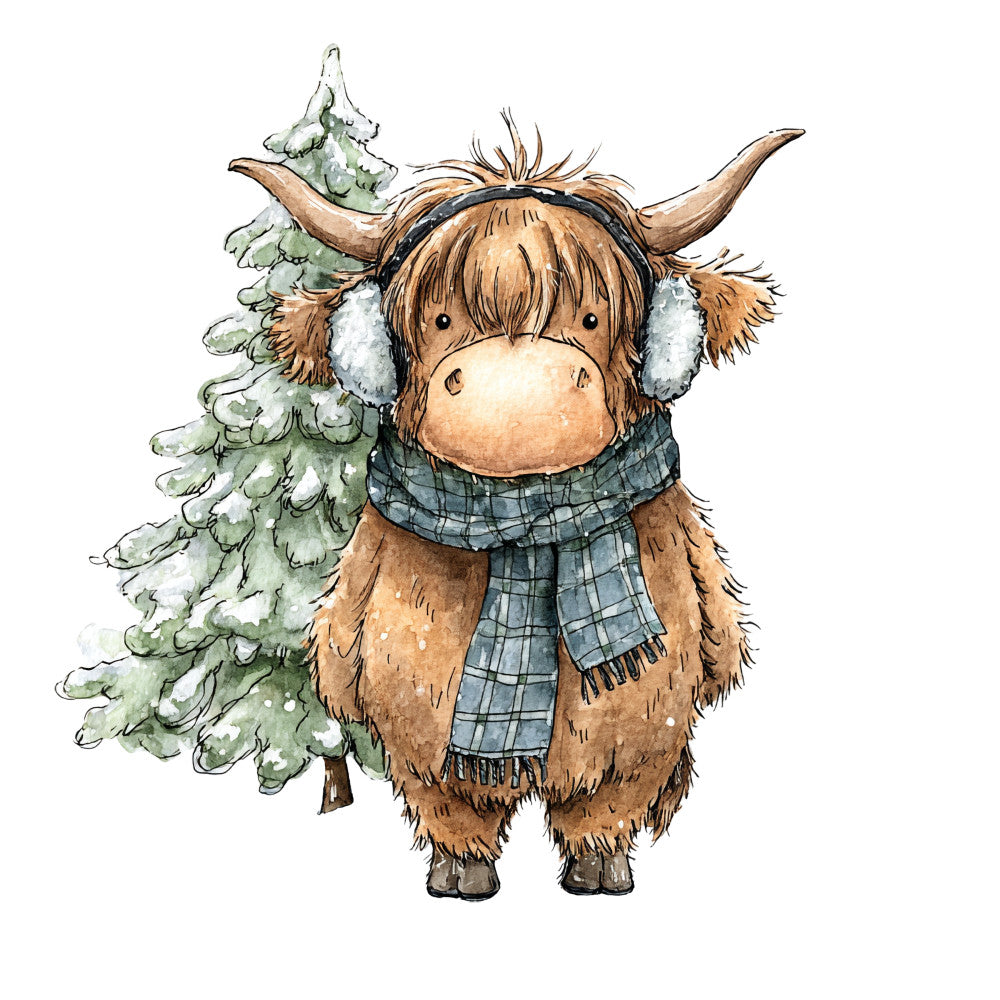 Vintage Christmas Highland Cows Fabric Panel 11