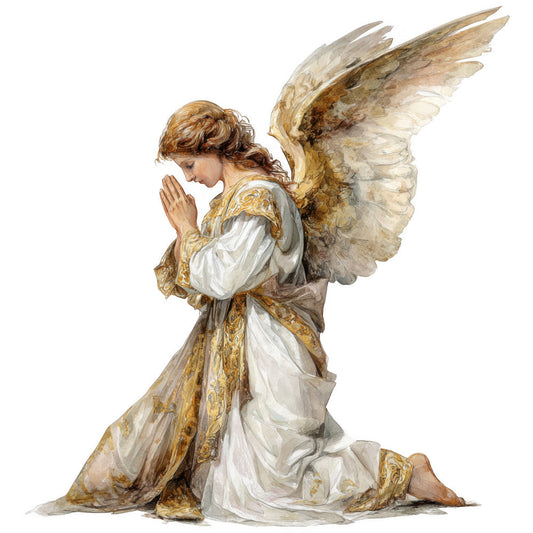 angel, praying figure, wings, gold accents, white robes, brown hair, kneeling pose, religious scene, nativity theme, watercolor style, soft pastels, fabric panel, quilting cotton, christmas motif, spiritual imagery, flowing garments, ethereal mood, golden trim, devotional art, holiday fabric