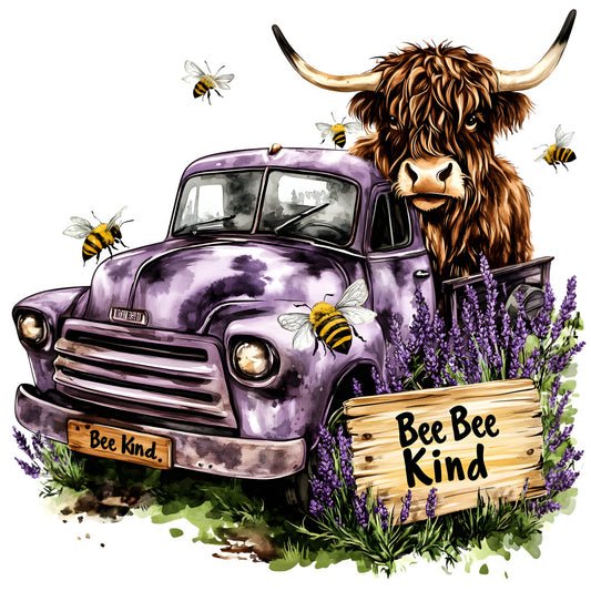Highland Cows in Vintage Trucks Fabric Panel 2 featuring a vintage purple truck with a Highland cow and bees among lavender flowers.