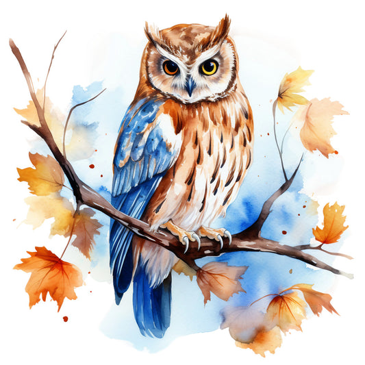 watercolor owl, autumn leaves, blue wings, orange feathers, brown branches, yellow eyes, fabric panel, quilting cotton, nature scene, fall colors, bird artwork, soft watercolors, perched owl, seasonal motifs, artistic design, wildlife fabric, rustic browns, sky blue background, maple leaves, painterly style