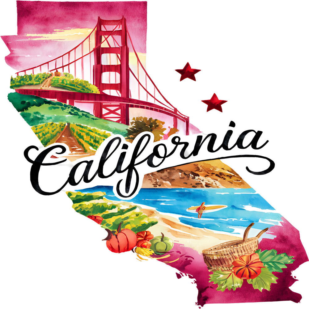 Classic US States Fabric Panel 3 featuring a vibrant California design with Golden Gate Bridge and coastal landscape in premium quilting cotton.