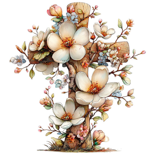 cream flowers, wooden cross, rustic wood, peach blossoms, blue flowers, botanical design, religious motif, watercolor style, fabric panel, quilting cotton, spring blooms, floral branches, orange stamens, green leaves, pink buds, cottage core, faith themed, vintage illustration, soft pastels, nature motif