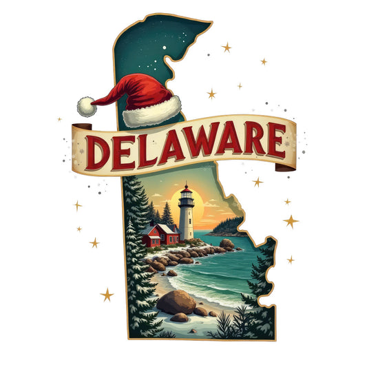 Christmas US States Fabric Panel 43 featuring Delaware with a festive Santa hat, lighthouse, and coastal winter scene on premium quilting cotton.