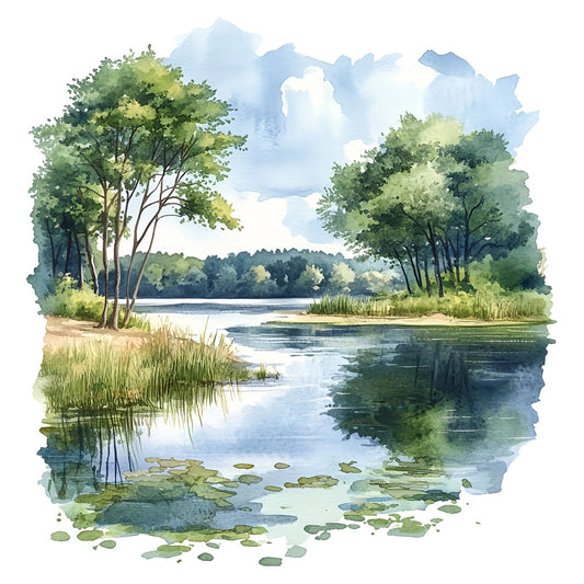 watercolor landscape, nature scene, lake, trees, forest, blue water, lily pads, marshland, scenic, peaceful, serene, soft colors, sky blue, forest green, sage green, cream, beige, tan, nature inspired, outdoor scene, botanical, landscape art, tranquil, rustic, traditional, scenic vista, woodland, wetland, water lilies, naturalistic