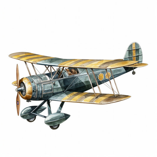 vintage airplane, biplane, steampunk, aviation, retro aircraft, brass gold, sage green, teal blue, tan beige, cream, striped wings, geometric stripes, transportation, travel themed, nostalgic, classic, antique aircraft, pilot, sky adventure, 1920s style, art deco, mechanical, industrial, heritage collection, historical, traditional style, wall hanging, home decor, masculine theme