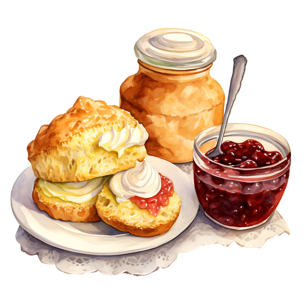 cream pastries, golden yellow, ruby red, cream white, baked goods, scones, jam, whipped cream, food illustration, dessert, teatime, vintage food art, cottage core, farmhouse, bakery themed, traditional, elegant, british style, afternoon tea, domestic, culinary, sweet treats, kitchen decor, nostalgic, warm colors, cozy aesthetic, food motifs, home decor, timeless