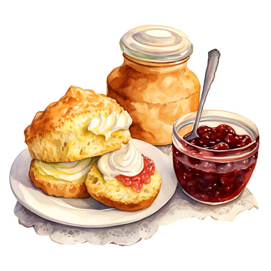 cream pastries, golden yellow, ruby red, cream white, baked goods, scones, jam, whipped cream, food illustration, dessert, teatime, vintage food art, cottage core, farmhouse, bakery themed, traditional, elegant, british style, afternoon tea, domestic, culinary, sweet treats, kitchen decor, nostalgic, warm colors, cozy aesthetic, food motifs, home decor, timeless