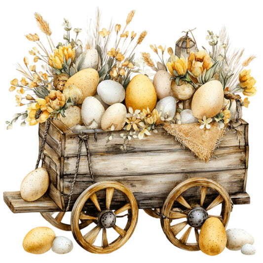 cream, tan, beige, golden yellow, brown, wheat, eggs, floral, spring, easter, farmhouse, rustic, vintage, whimsical, nature, botanical, wagon, wooden cart, eggs and flowers, pastoral, country, traditional, cottage core, spring flowers, yellow flowers, burlap, natural fibers, folk art, illustrative, decorative panel