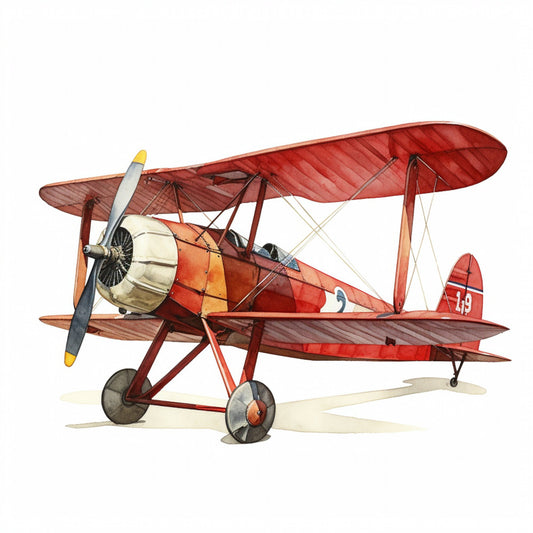 vintage airplane, biplane, red airplane, cream, burnt orange, mustard yellow, aviation, retro aircraft, steampunk, vintage transportation, antique plane, mechanical, nostalgic, travel theme, adventure, 1920s style, rustic, whimsical, masculine, boys room, vintage travel, propeller plane, fabric panel, home decor, collectible aircraft, historical aviation
