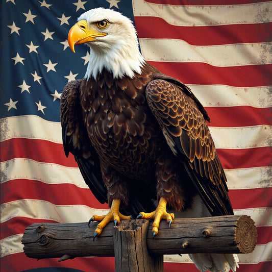 bald eagle, patriotic, american flag, red white and blue, navy blue, cream, gold, brown, wildlife, birds, raptors, nature, vintage, rustic, traditional, americana, stars, eagle portrait, majestic, power, strength, independence day, patriot, americana theme, animal print, detailed feathers, perched bird, wood log perch, distressed flag, heritage
