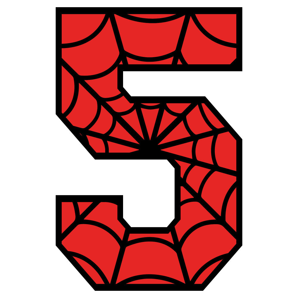red fabric, spider web pattern, number five, alphabet panel, black outlines, superhero theme, comic book style, quilting panel, cotton fabric, children's fabric, novelty print, geometric web design, bright red, craft fabric, sewing panel, applique design, spider motif, educational fabric, nursery fabric, playful design
