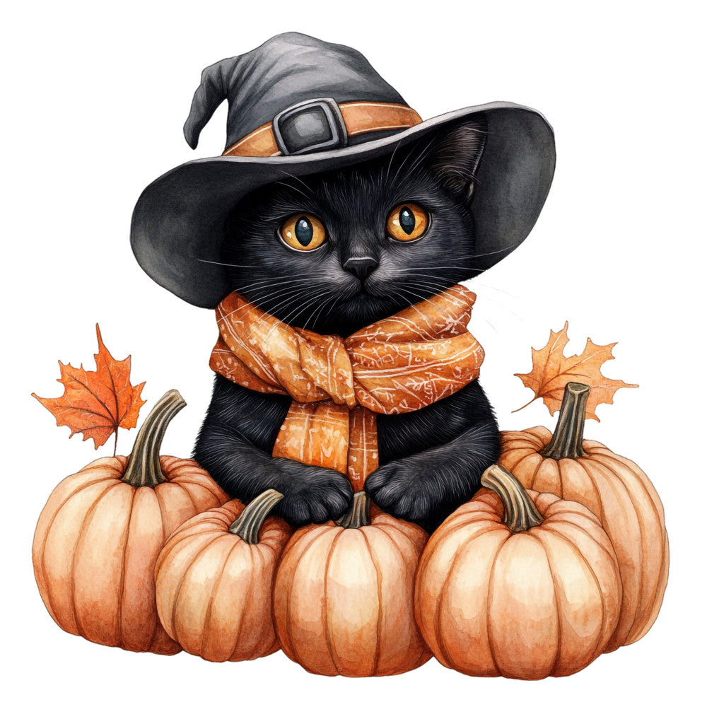 black cat, orange pumpkin, autumn, fall, halloween, witch hat, bronze, burnt orange, cream, golden yellow, animal, whimsical, cute, seasonal, harvest, thanksgiving, pumpkin patch, nature, rustic, farmhouse, folk art, illustrated, decorative, cat lover, holiday themed, autumn leaves, maple leaf, cottage core, children's, festive