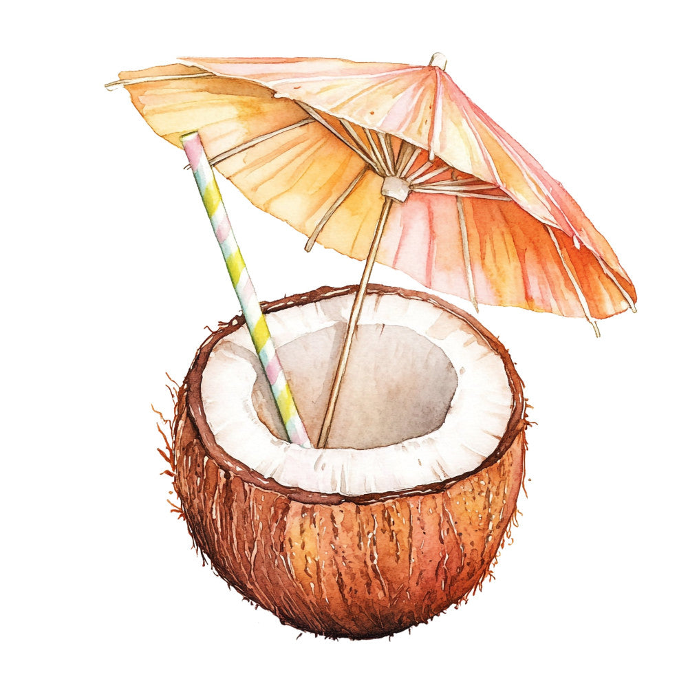 tropical, coconut, beach, summer, vacation, paradise, whimsical, playful, colorful, umbrella, drink, coral, peach, golden yellow, cream, brown, tan, orange, nature, fruits, tiki, resort, relaxation, fun, bright, warm tones, illustration style, children's, nursery