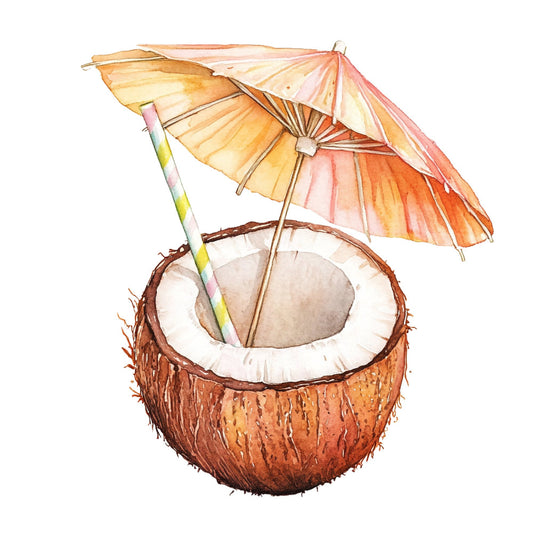 tropical, coconut, beach, summer, vacation, paradise, whimsical, playful, colorful, umbrella, drink, coral, peach, golden yellow, cream, brown, tan, orange, nature, fruits, tiki, resort, relaxation, fun, bright, warm tones, illustration style, children's, nursery