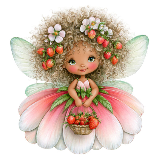 fairy, whimsical, strawberry, flower fairy, garden fairy, nature, spring, summer, children, cute, fantasy, magical, wings, flowers, strawberries, soft pink, coral pink, cream, sage green, blush, pastel, floral, whimsy, cottage core, storybook, illustration, nursery, baby, character panel, sweet
