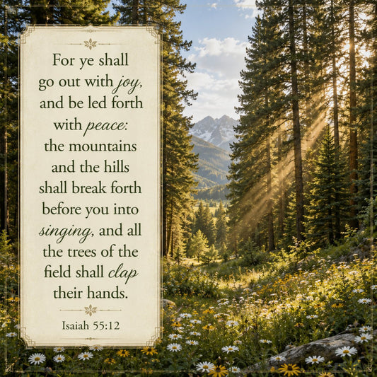 mountain landscape, forest green, cream, wildflowers, daisies, nature, inspirational quote, biblical verse, Isaiah, scenic view, alpine meadow, coniferous trees, rolling hills, snow-capped peaks, religious, spiritual, rustic, traditional, pastoral, spring, summer, outdoor themed, wall hanging, faith-based, peaceful, tranquil, decorative panel, nature lover, landscape photography style