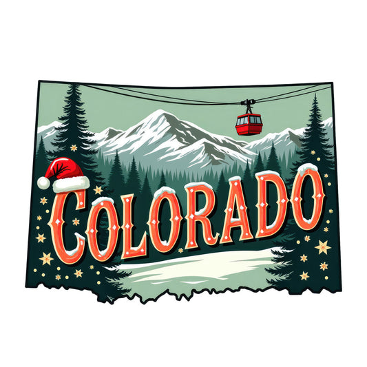Christmas US States Fabric Panel 45 featuring Colorado with snowy mountains, pine trees, and festive Santa hat design in quilting cotton.