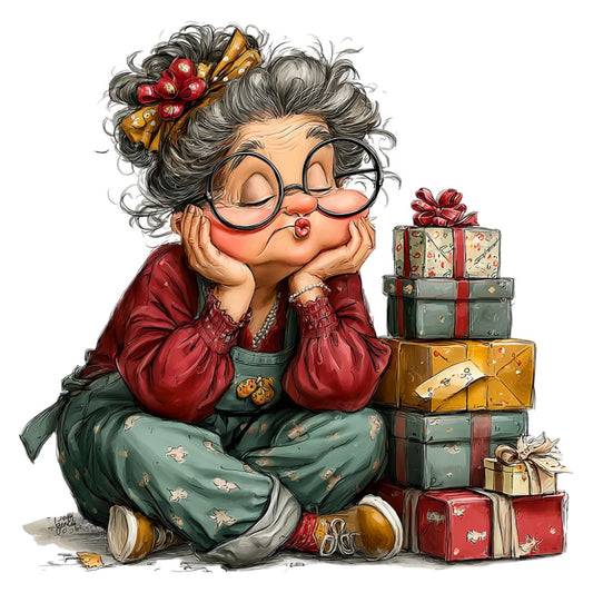 grandmother, whimsical, vintage, holiday, christmas, gift boxes, presents, red, burgundy, forest green, sage green, gold, warm tones, nostalgic, retro, character panel, storybook, festive, joy, celebration, cozy, traditional, decorative, wall hanging, craft projects, sewing, cheerful, heartwarming