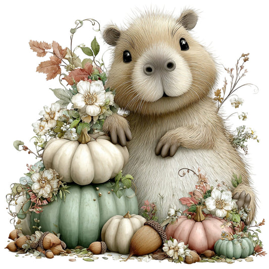 cute guinea pig, woodland animal, autumn harvest, fall theme, pumpkins, gourds, cream colored, sage green, dusty rose, tan brown, ivory white, floral design, daisy flowers, botanical elements, acorns, leaves, whimsical style, rustic charm, farmhouse aesthetic, nature inspired, seasonal decor, baby quilt, wall hanging, children's fabric, nursery themed, soft colors, vintage botanical, folk art style, harvest season, thanksgiving